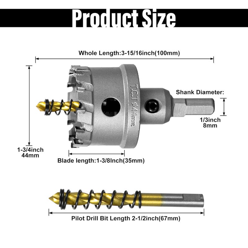 SALI 1-3/4" (44mm) TCT Hole Saw Kit Tungsten Carbide Tipped Hole Saw Drill Bit with Titanium-Plated Pilot Drill bit for Metal, Stainless Steel, Iron, Wood, Plastic - Image 4